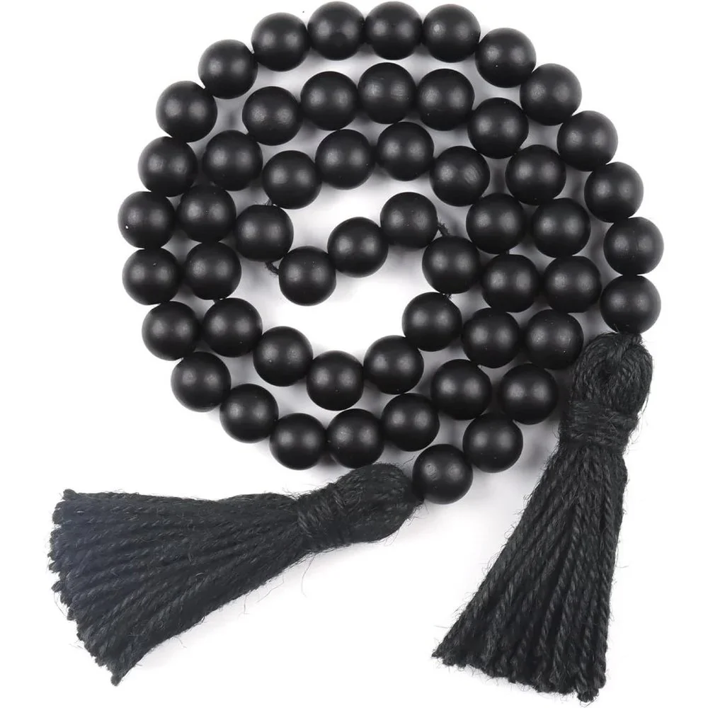 Black Wood Tassels Rustic Prayer Beads Boho Beads for Home Wall Hanging Decor